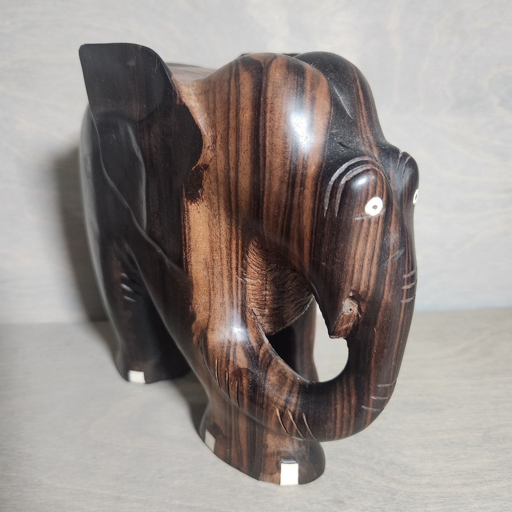 Hand Carved Vintage Wooden Elephant Figurine Wood Grain Accent Home Decor